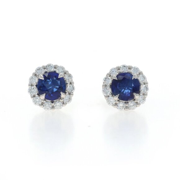 Jewelry - White Gold Sapphire Diamond Halo Stud Earrings - 14k Round 1.70ctw Pierced
